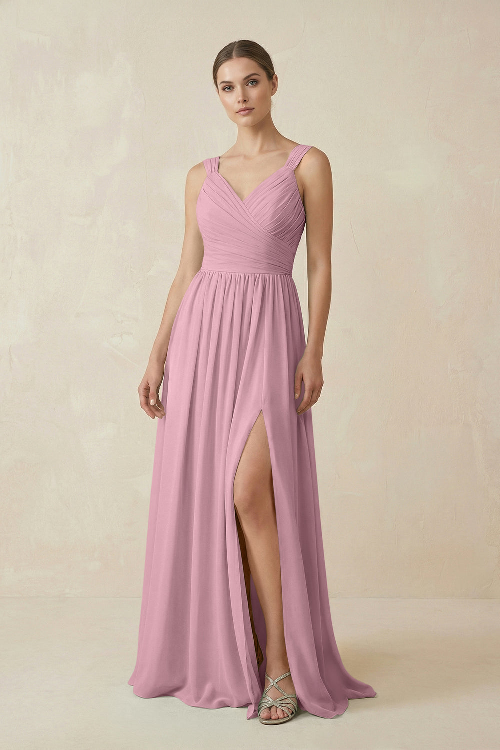 A-Line Pleated Chiffon Long Bridesmaid Dress in Vintage Mauve