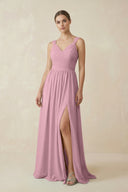 Vintage Mauve A-Line Pleated Chiffon Long Bridesmaid Dress | KISSBRIDAL