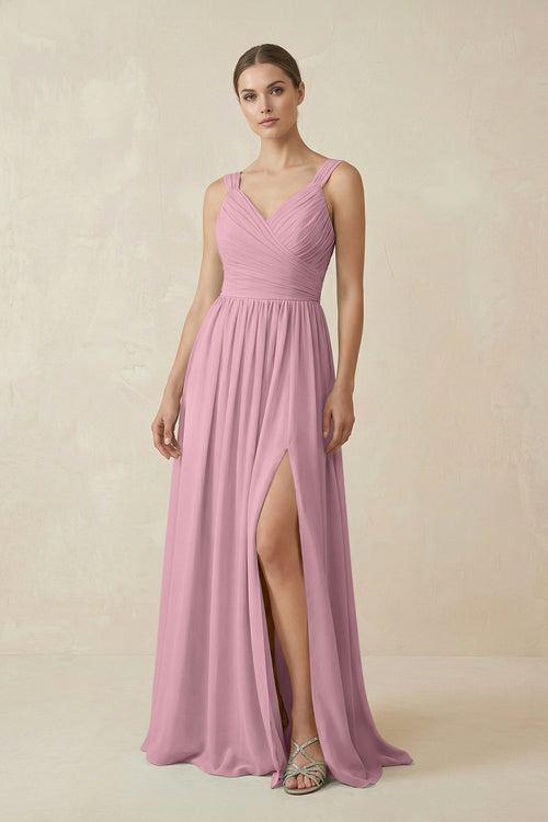 Vintage Mauve A-Line Pleated Chiffon Long Bridesmaid Dress | KISSBRIDAL