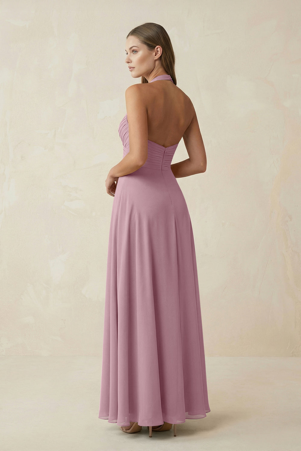 A-Line Pleated Chiffon V-Neck Bridesmaid Dress in Vintage Mauve