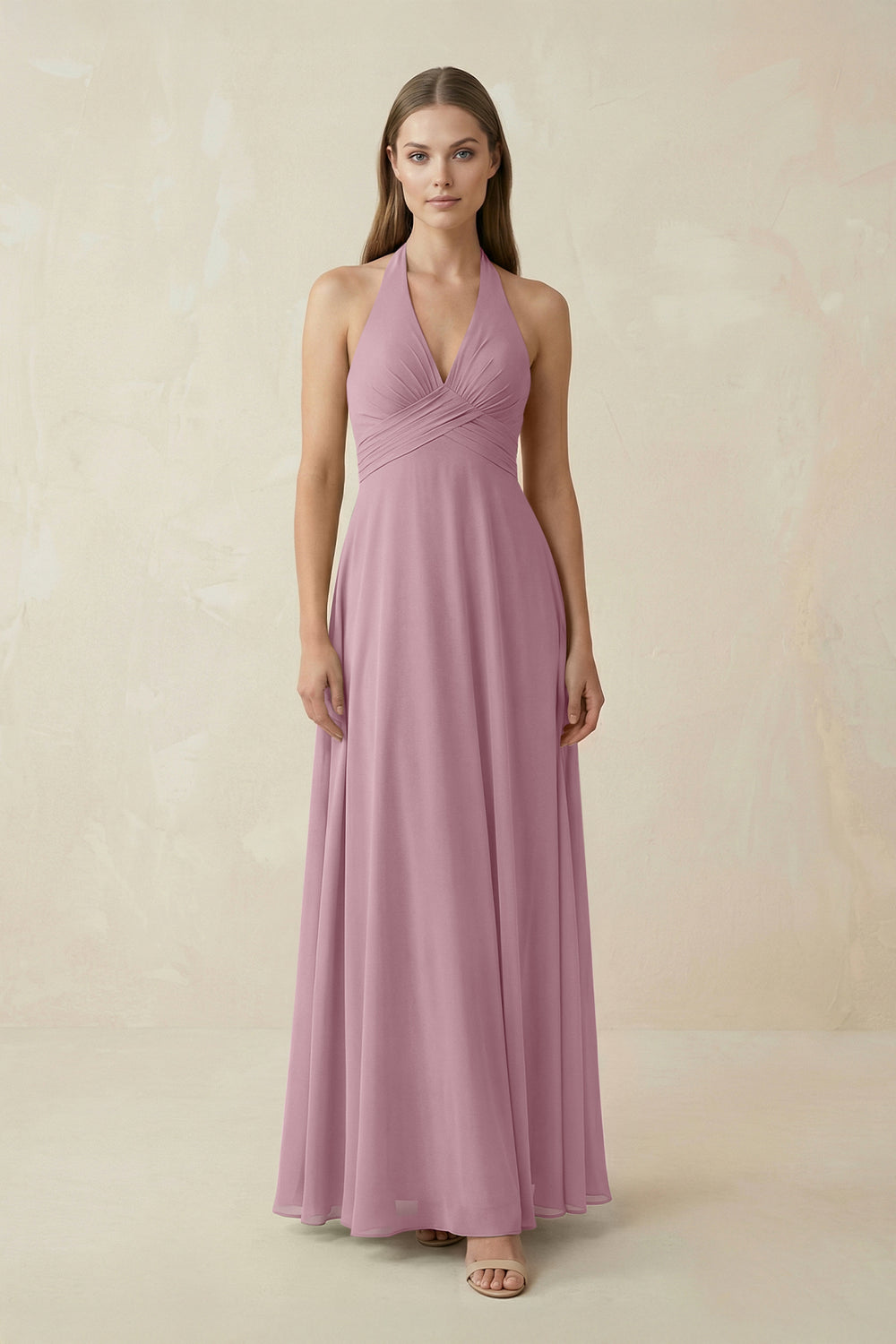 A-Line Pleated Chiffon V-Neck Bridesmaid Dress in Vintage Mauve