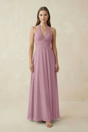 Vintage Mauve A-Line Pleated Chiffon V-Neck Bridesmaid Dress | KISSBRIDAL