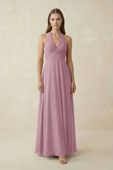 Vintage Mauve A-Line Pleated Chiffon V-Neck Bridesmaid Dress | KISSBRIDAL