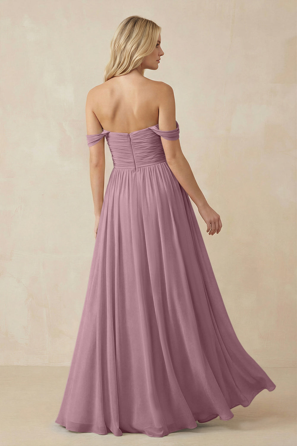 A-Line Pleated Long Chiffon Bridesmaid Dress in Vintage Mauve