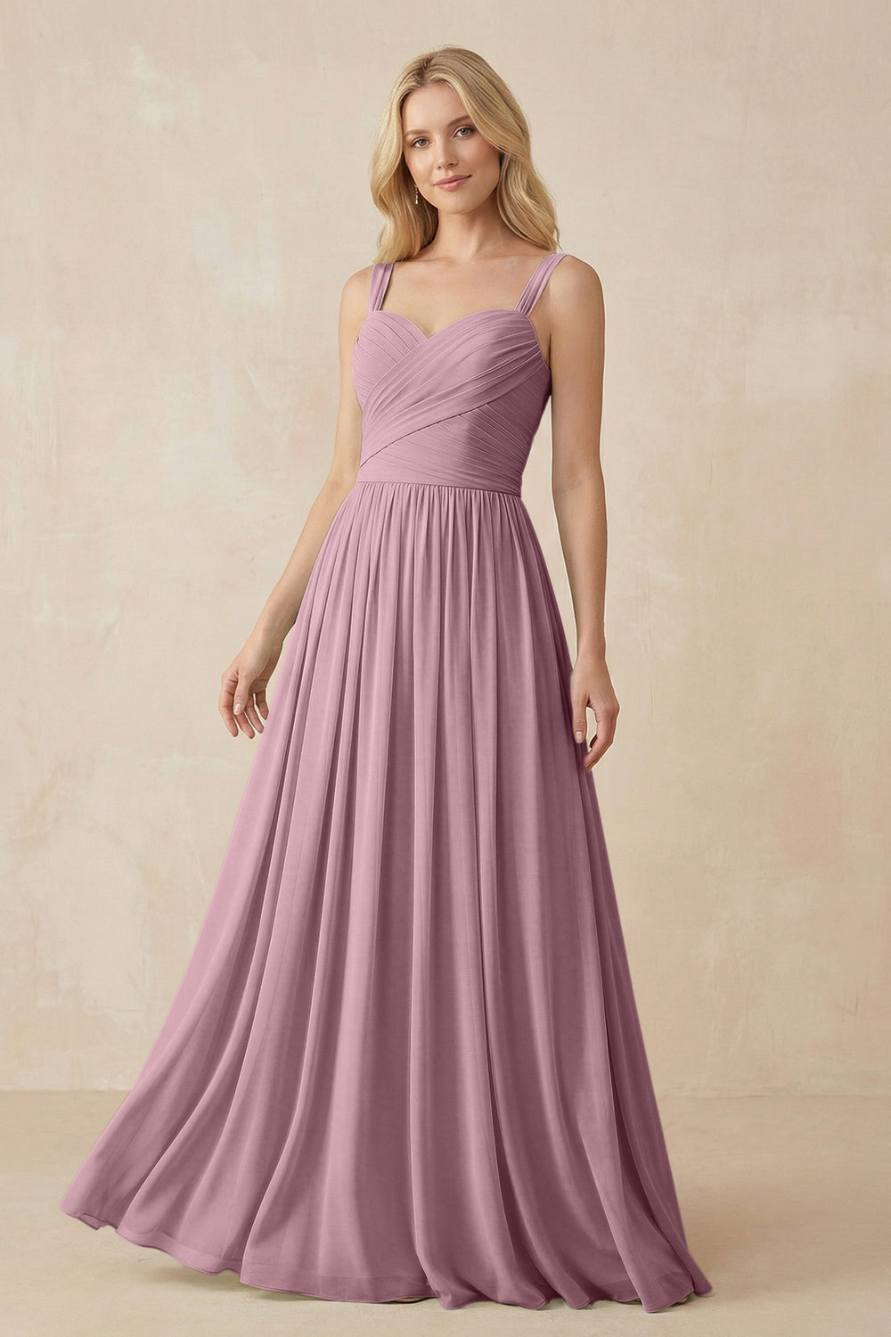 A-Line Pleated Long Chiffon Bridesmaid Dress in Vintage Mauve