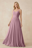 Vintage Mauve A-Line Pleated Long Chiffon Bridesmaid Dress | KISSBRIDAL