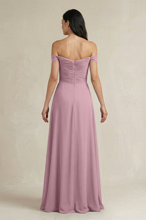 Vintage Mauve A-Line Pleated Off-the-Shoulder Chiffon Bridesmaid Dress (2) | KISSBRIDAL