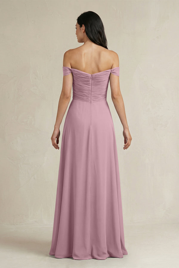 Vintage Mauve A-Line Pleated Off-the-Shoulder Chiffon Bridesmaid Dress (2) | KISSBRIDAL