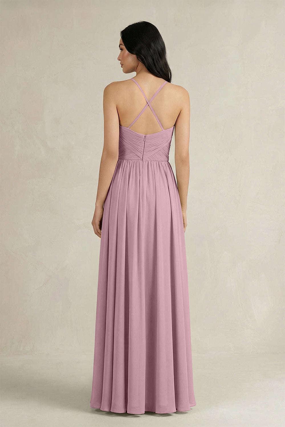 A-Line Pleated Spaghetti Strap Chiffon Bridesmaid Dress in Vintage Mauve