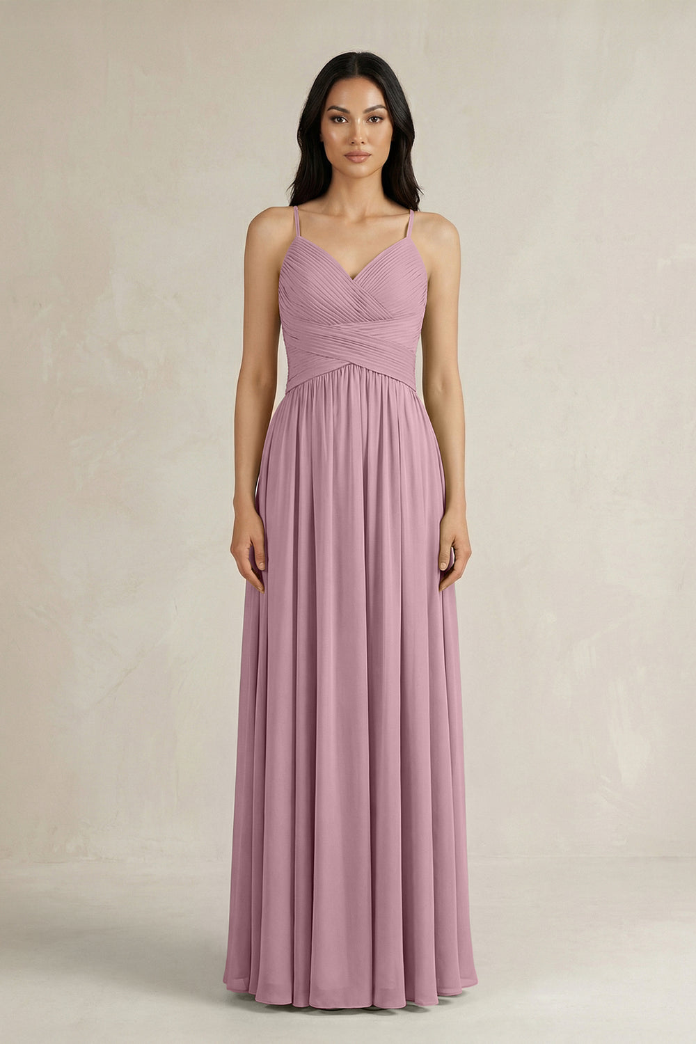 A-Line Pleated Spaghetti Strap Chiffon Bridesmaid Dress in Vintage Mauve