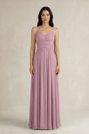 Vintage Mauve A-Line Pleated Spaghetti Strap Chiffon Bridesmaid Dress | KISSBRIDAL