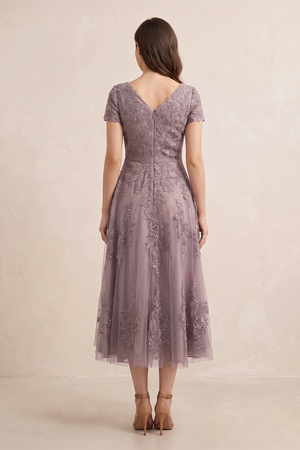 Vintage Mauve A-Line Short Sleeves Midi Mother of the Bride Dress with Embroidery (2) | KISSBRIDAL