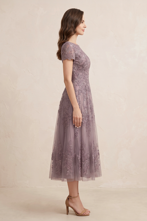 Vintage Mauve A-Line Short Sleeves Midi Mother of the Bride Dress with Embroidery (3) | KISSBRIDAL