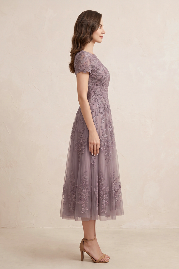 Vintage Mauve A-Line Short Sleeves Midi Mother of the Bride Dress with Embroidery (3) | KISSBRIDAL