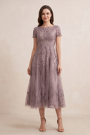 Vintage Mauve A-Line Short Sleeves Midi Mother of the Bride Dress with Embroidery | KISSBRIDAL
