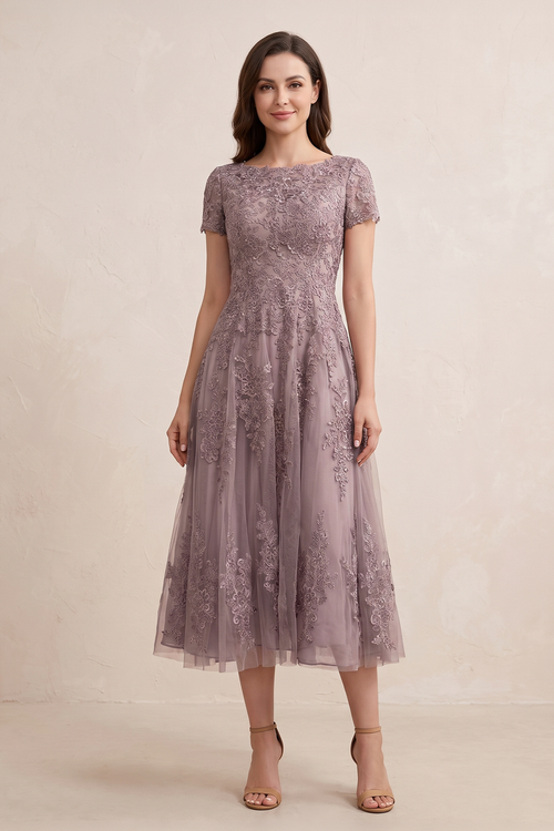 Vintage Mauve A-Line Short Sleeves Midi Mother of the Bride Dress with Embroidery | KISSBRIDAL