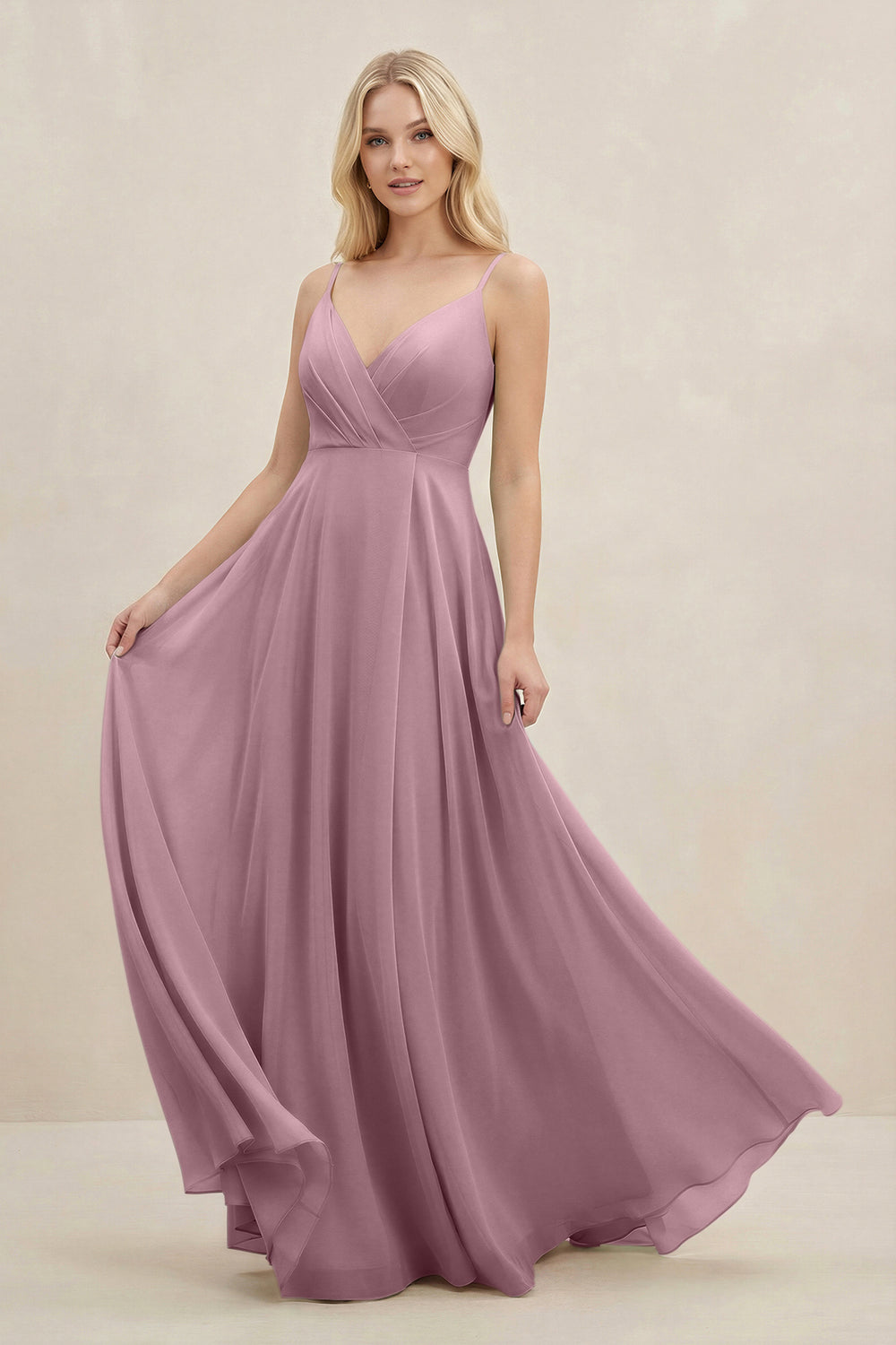 A-Line Spaghetti Strap Chiffon Bridesmaid Dress in Vintage Mauve