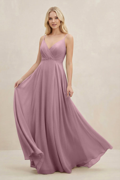 Vintage Mauve A-Line Spaghetti Strap Chiffon Bridesmaid Dress | KISSBRIDAL