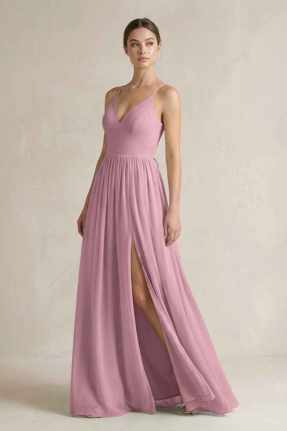A-Line Spaghetti Strap Chiffon Bridesmaid Dress in Vintage Mauve
