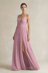 Vintage Mauve A-Line Spaghetti Strap Chiffon Bridesmaid Dress | KISSBRIDAL
