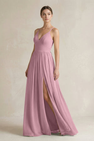 Vintage Mauve A-Line Spaghetti Strap Chiffon Bridesmaid Dress | KISSBRIDAL