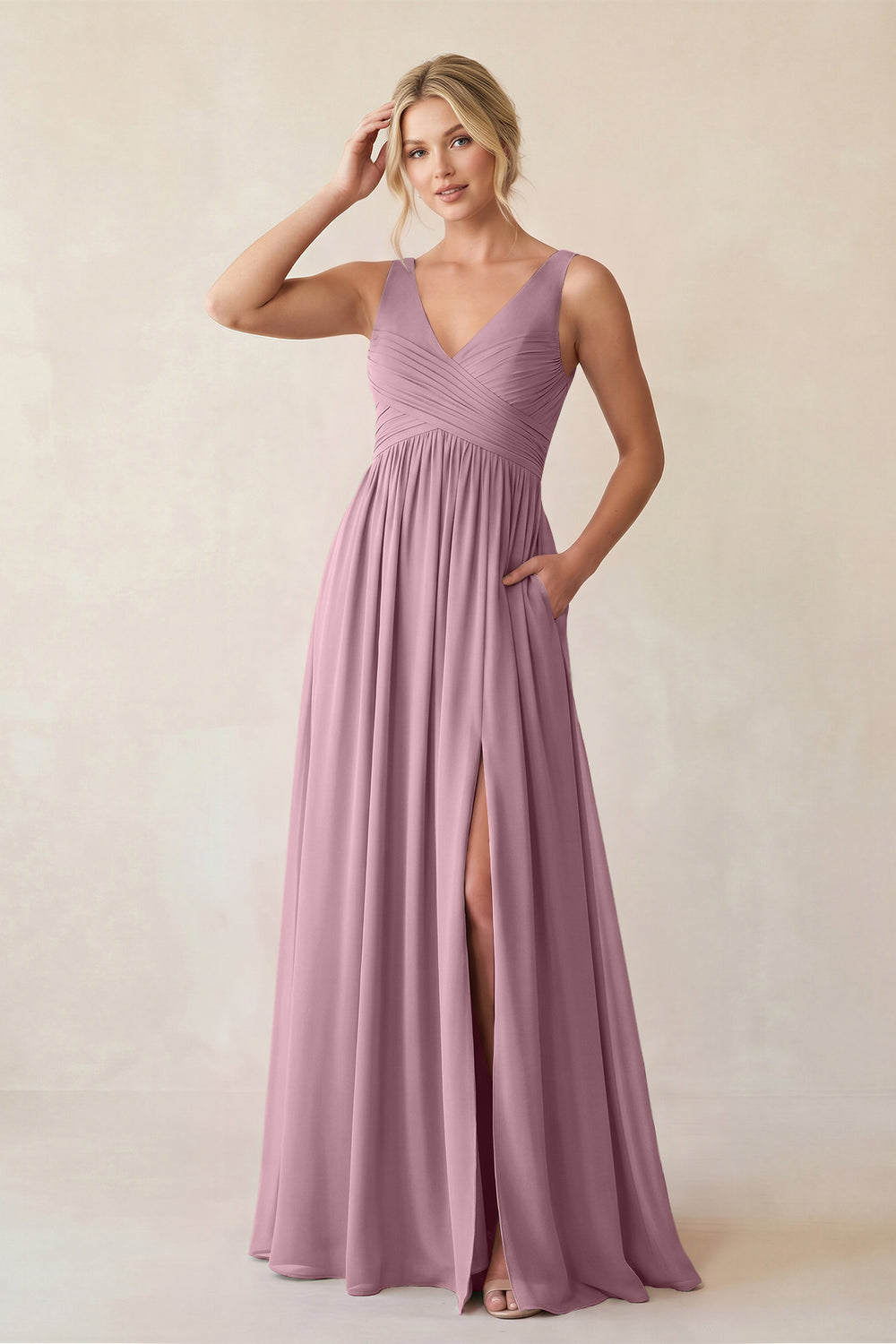 A-Line V-Neck Pleated Chiffon Bridesmaid Dress in Vintage Mauve