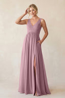 Vintage Mauve A-Line V-Neck Pleated Chiffon Bridesmaid Dress | KISSBRIDAL