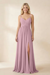 Vintage Mauve Cami Strap Chiffon A-Line Bridesmaid Dress with Slit | KISSBRIDAL