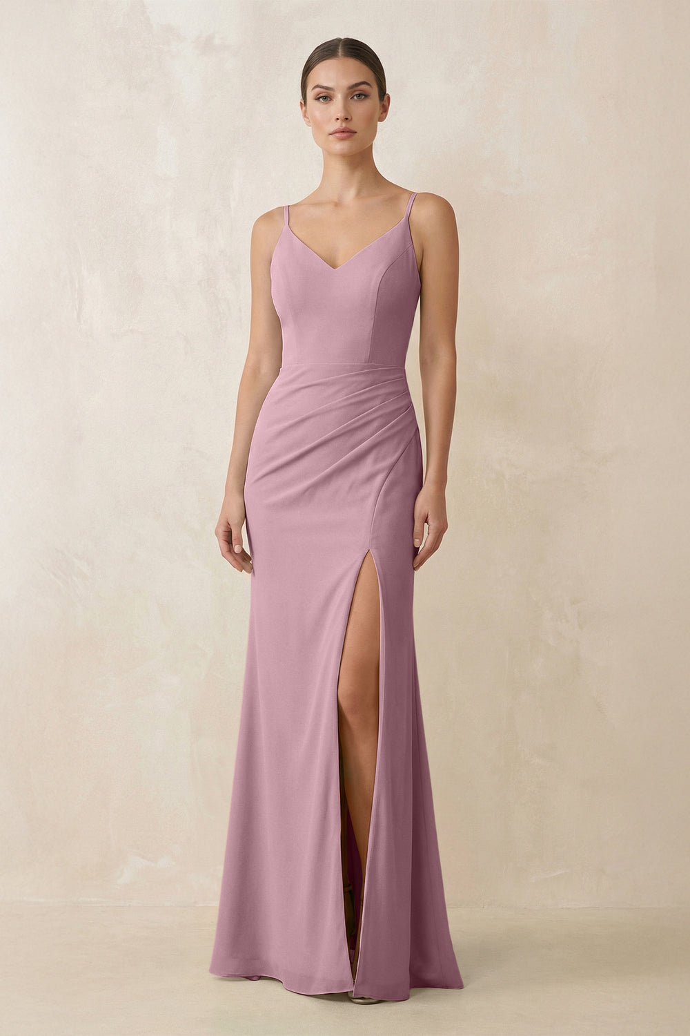 Cami Strap Chiffon Sheath Bridesmaid Gown in Vintage Mauve