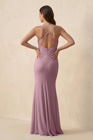 Vintage Mauve Cami Strap Sheath Chiffon Bridesmaid Dress with Slit (2) | KISSBRIDAL
