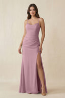 Vintage Mauve Cami Strap Sheath Chiffon Bridesmaid Dress with Slit | KISSBRIDAL