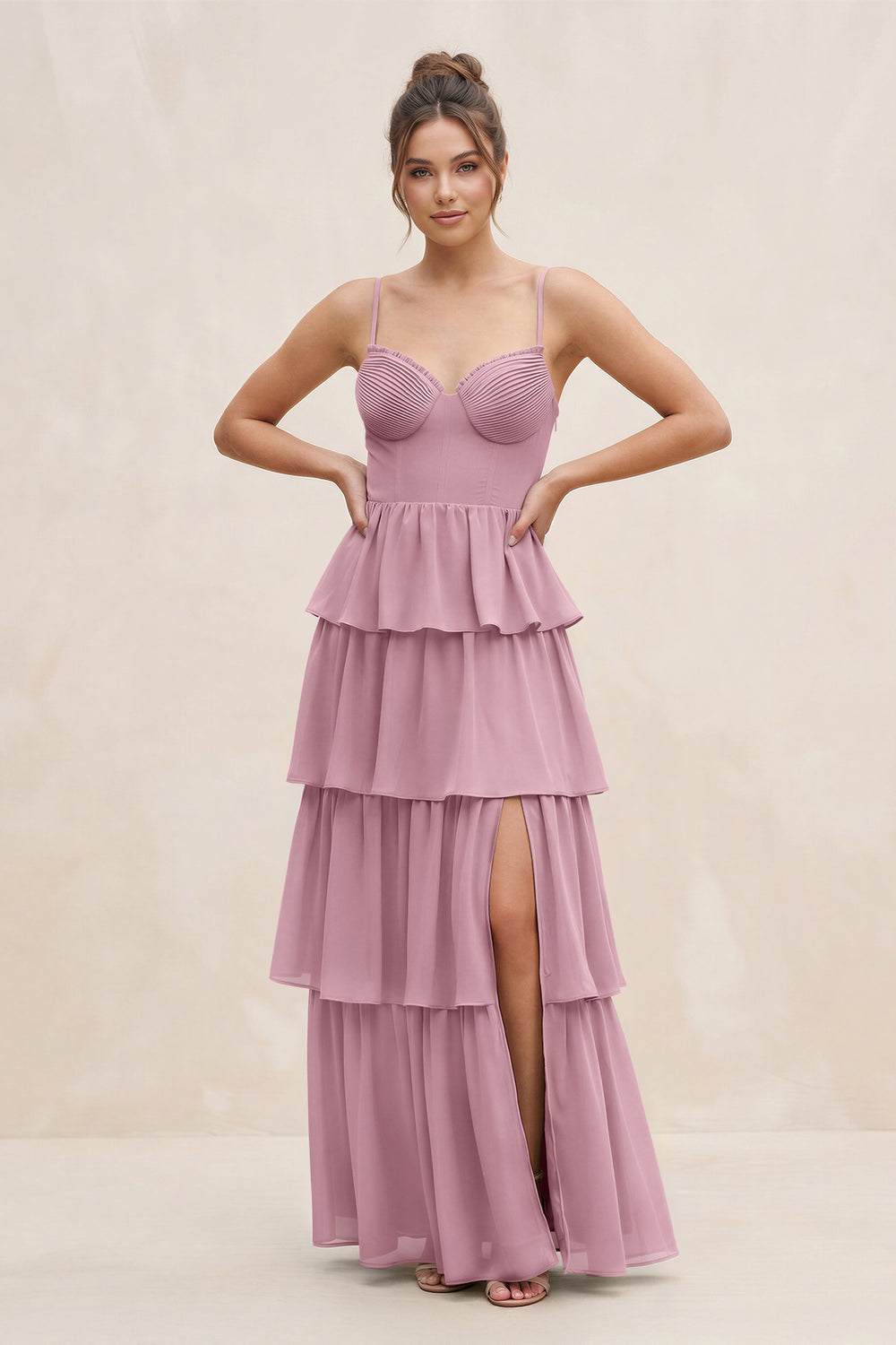Cami Strap Tiered A-Line Chiffon Bridesmaid Dress in Vintage Mauve