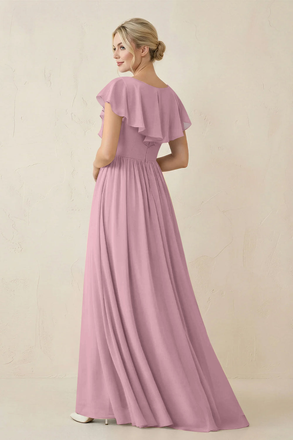 Cap Sleeve A-Line Ruffled Chiffon Bridesmaid Dress in Vintage Mauve
