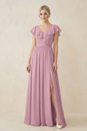 Vintage Mauve Cap Sleeve A-Line Ruffled Chiffon Bridesmaid Dress | KISSBRIDAL