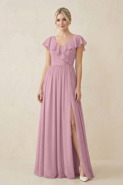 Vintage Mauve Cap Sleeve A-Line Ruffled Chiffon Bridesmaid Dress | KISSBRIDAL