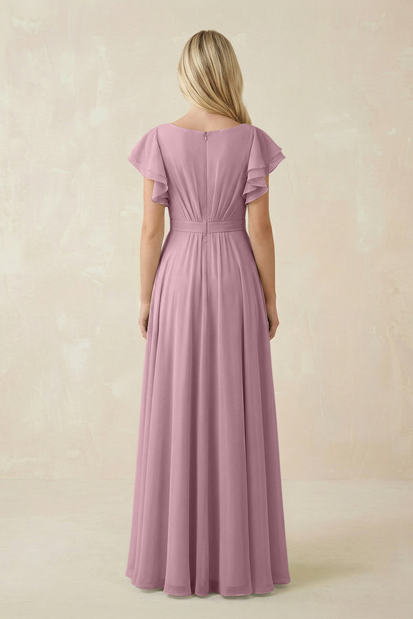 Vintage Mauve Cap Sleeve Ruffled A-Line Chiffon Bridesmaid Dress (2) | KISSBRIDAL
