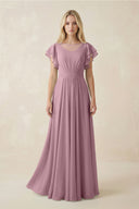 Vintage Mauve Cap Sleeve Ruffled A-Line Chiffon Bridesmaid Dress | KISSBRIDAL