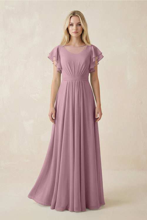 Vintage Mauve Cap Sleeve Ruffled A-Line Chiffon Bridesmaid Dress | KISSBRIDAL