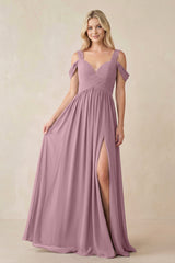 Vintage Mauve Chiffon A-Line Bridesmaid Dress with Slit | KISSBRIDAL