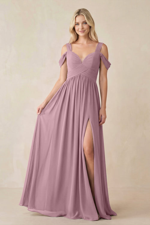 Vintage Mauve Chiffon A-Line Bridesmaid Dress with Slit | KISSBRIDAL