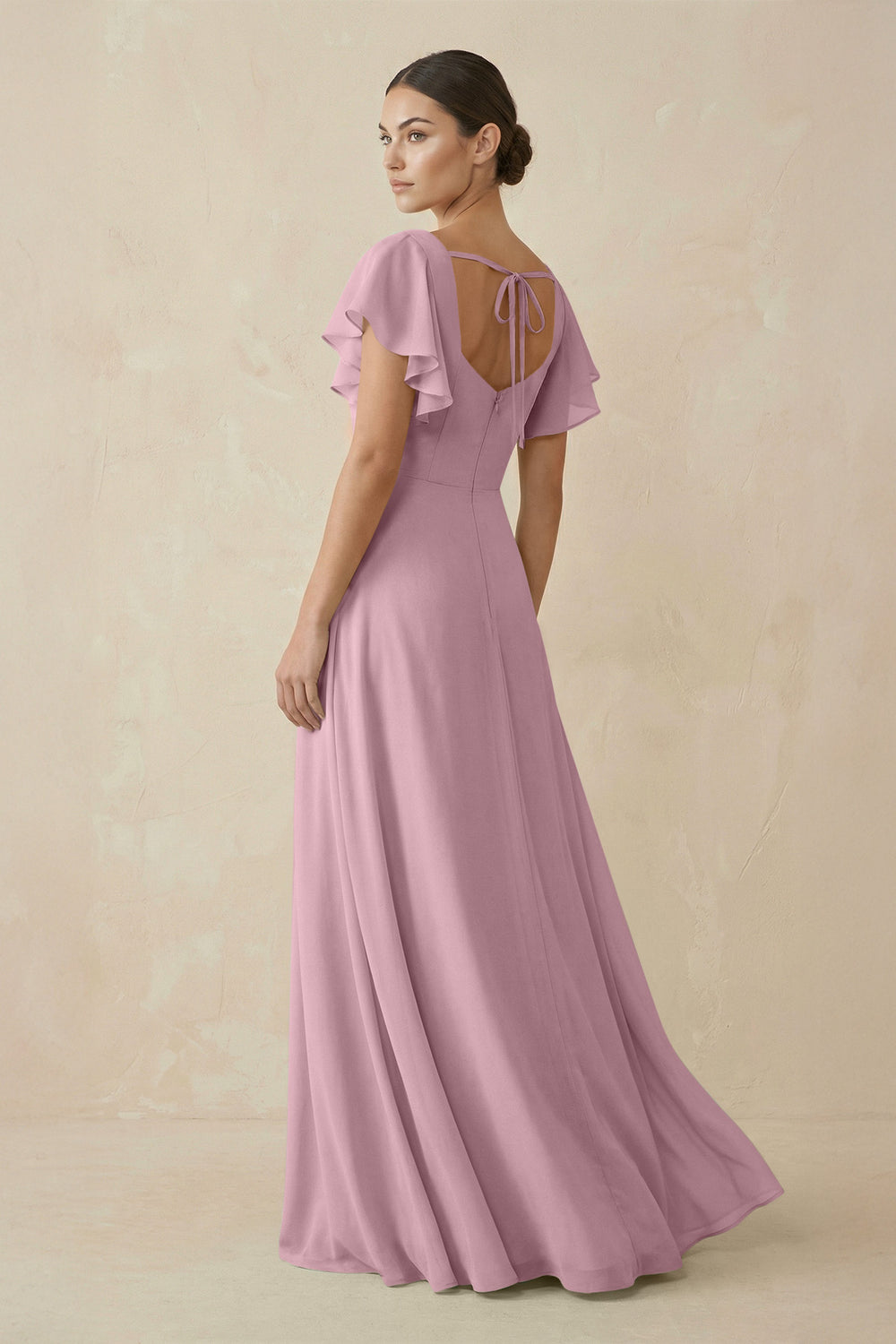 Chiffon A-Line Long Bridesmaid Dress with Flutter Sleeves in Vintage Mauve