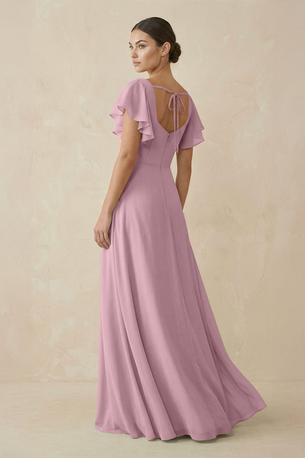 Vintage Mauve Chiffon A-Line Long Bridesmaid Dress with Flutter Sleeves (2) | KISSBRIDAL
