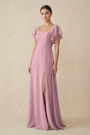 Vintage Mauve Chiffon A-Line Long Bridesmaid Dress with Flutter Sleeves | KISSBRIDAL