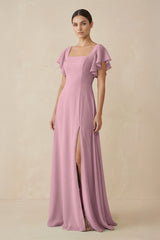 Vintage Mauve Chiffon A-Line Long Bridesmaid Dress with Flutter Sleeves | KISSBRIDAL