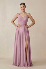 Vintage Mauve Chiffon A-Line Pleated Bridesmaid Dress | KISSBRIDAL