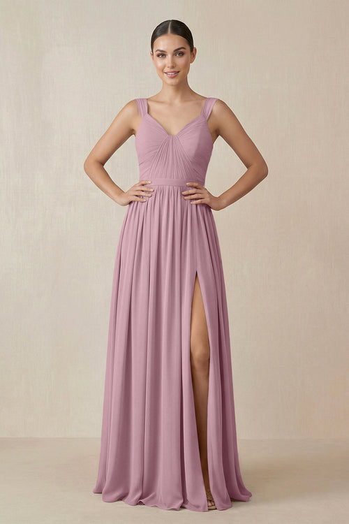 Vintage Mauve Chiffon A-Line Pleated Bridesmaid Dress | KISSBRIDAL