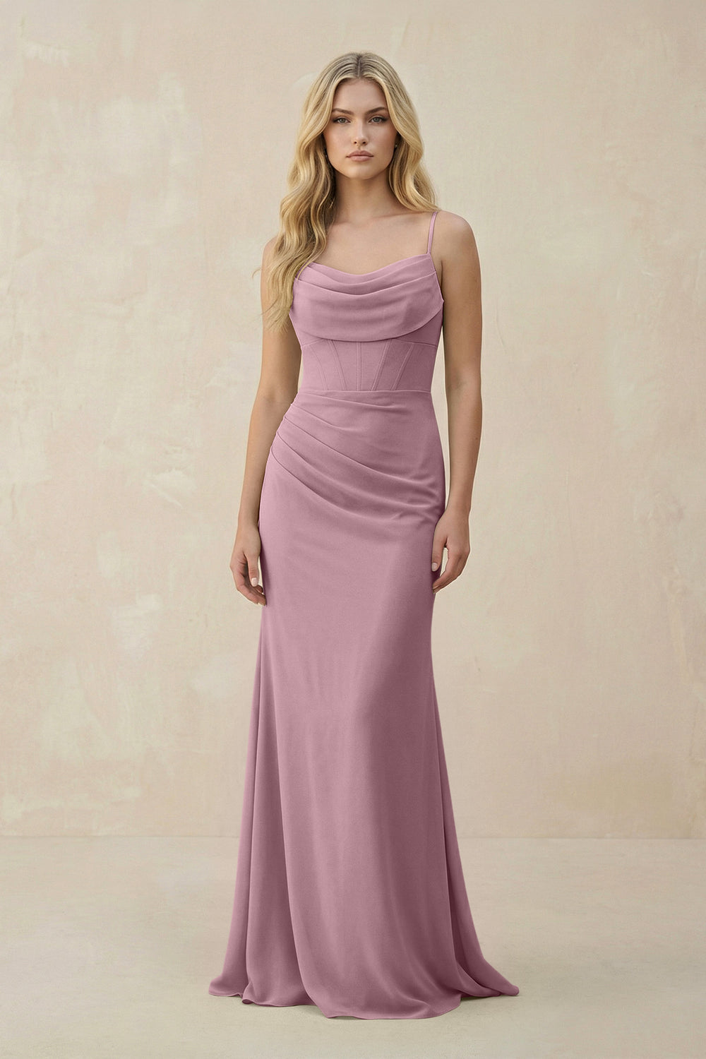 Cowl Neck Sheath Chiffon Bridesmaid Dress with Corset in Vintage Mauve