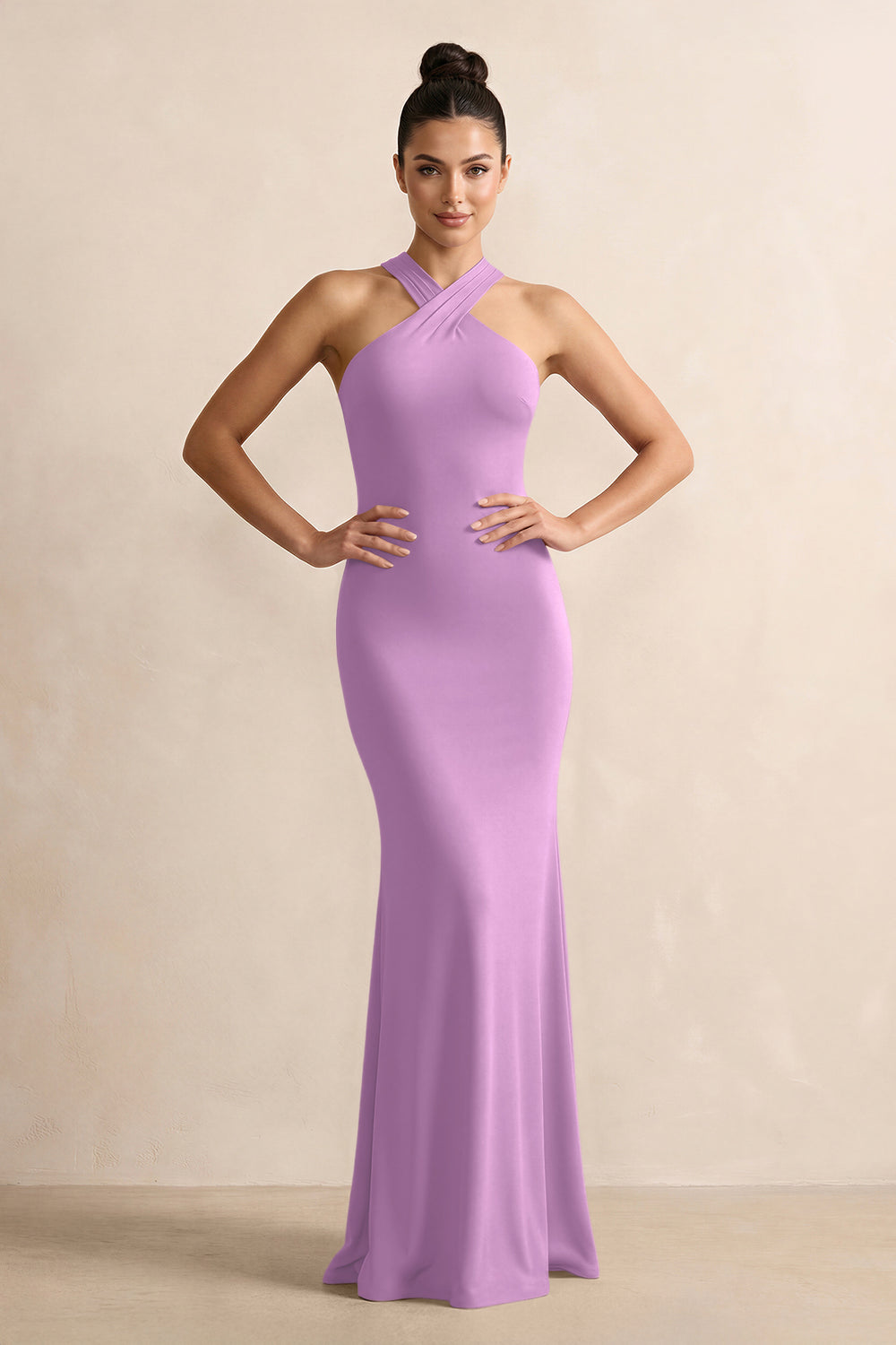 Crisscross Halter Sheath Satin Bridesmaid Dress with Bow in Vintage Mauve