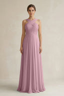 Vintage Mauve Cross Halter Chiffon A-Line Pleated Bridesmaid Dress | KISSBRIDAL