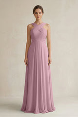 Vintage Mauve Cross Halter Chiffon A-Line Pleated Bridesmaid Dress | KISSBRIDAL
